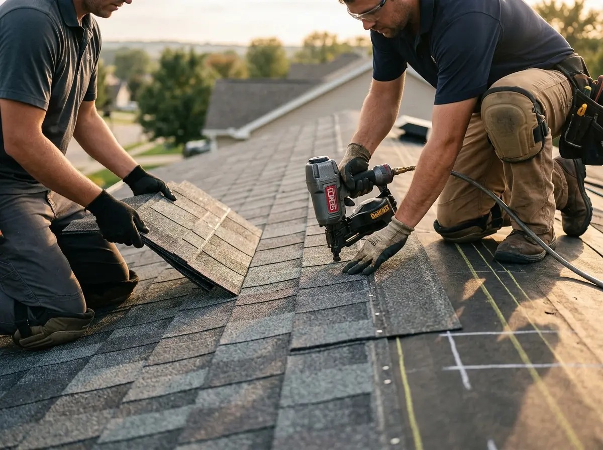 Professional roofer working on a residential roof in Holmen